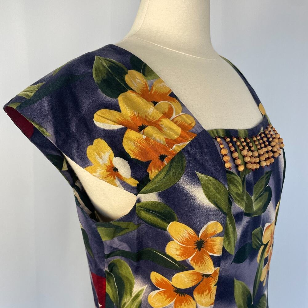 Vintage Dress Size 14 Blue Tropical Floral Hawaii Beach Open Back Beaded 90s - Picture 5 of 15